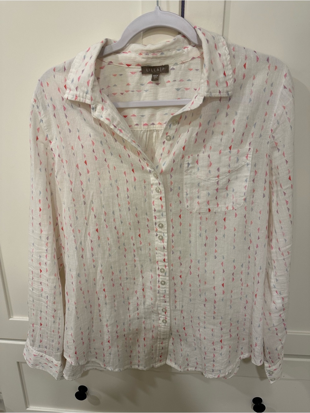 Lilla P Cream Button-Down Shirt with Pink Triangle Print